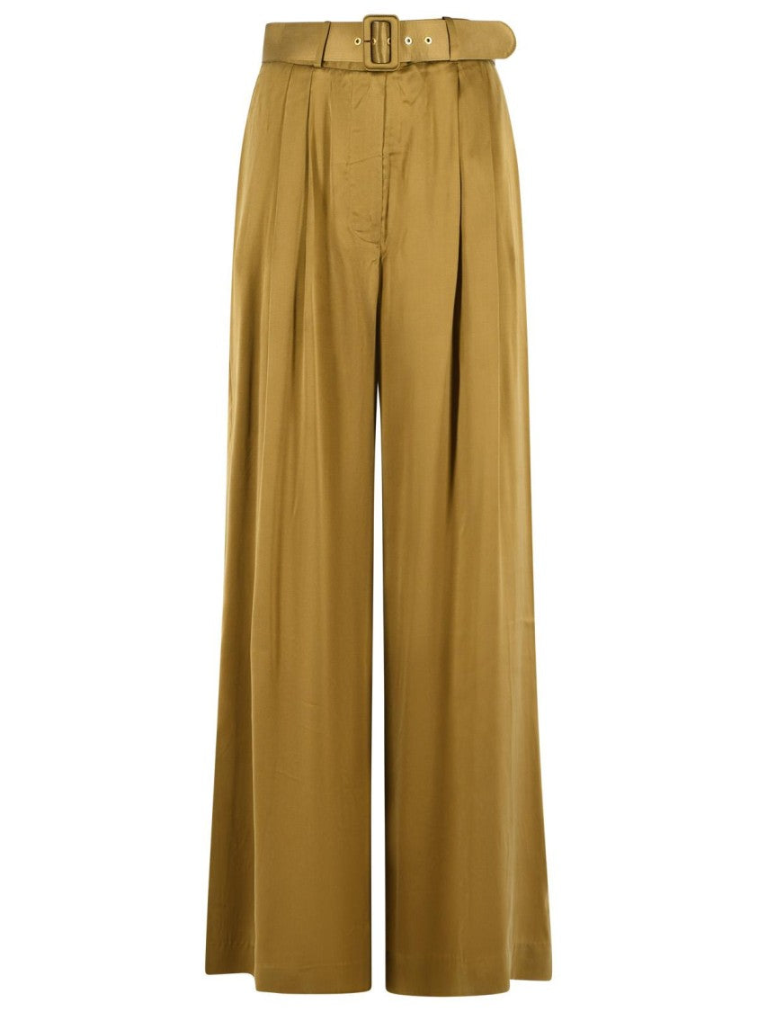 Zimmermann Olive Green Tuck High-Waisted Silk Wide-Leg Pants