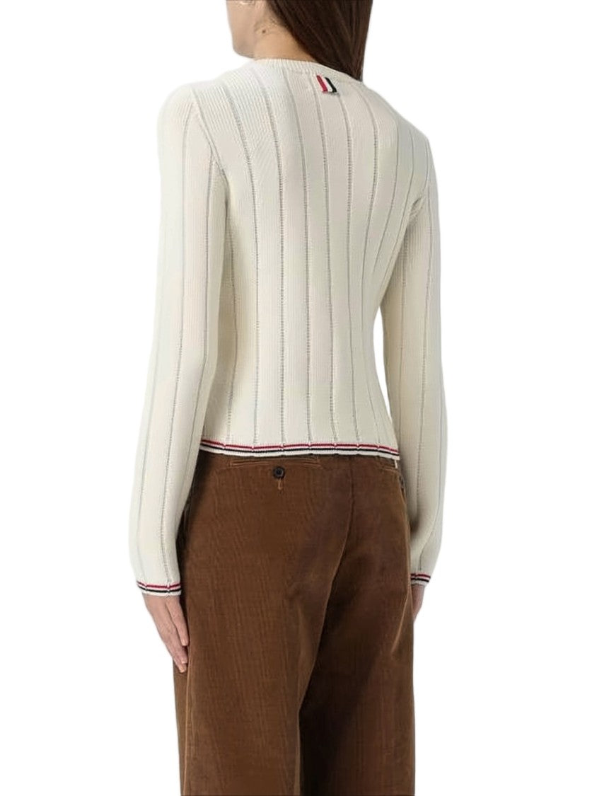 Thom Browne Cropped Ribbed Knit Sweater With Tricolor Details