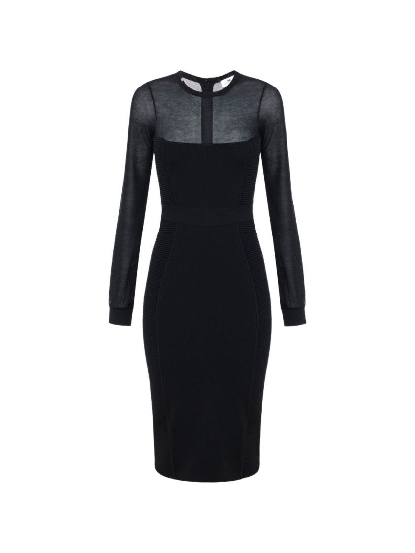 Elisabetta Franchi Fitted Black Midi Dress With Sheer Sleeves And Ribbed Panels