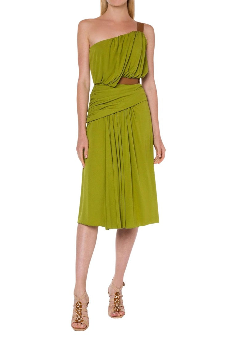 Alberta Ferretti One-Shoulder Green Midi Draped Panel Dress