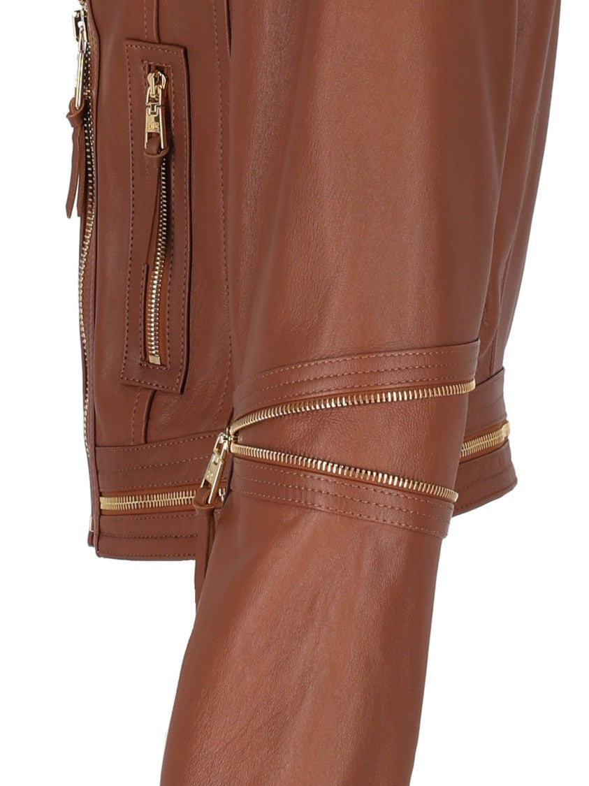 Elisabetta Franchi Cropped Leather Jacket With Asymmetrical Zipper And Gold Accents