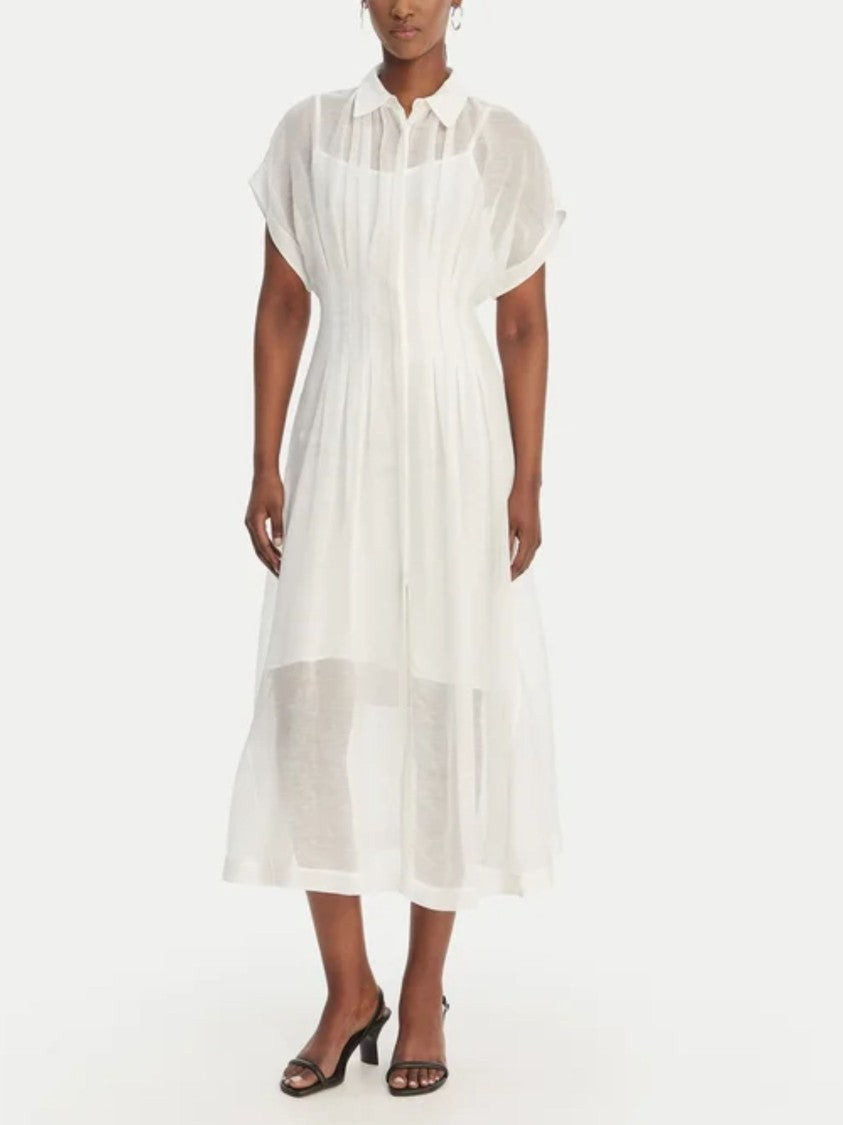 Boss White Pleated Viscose-Linen Midi Dress
