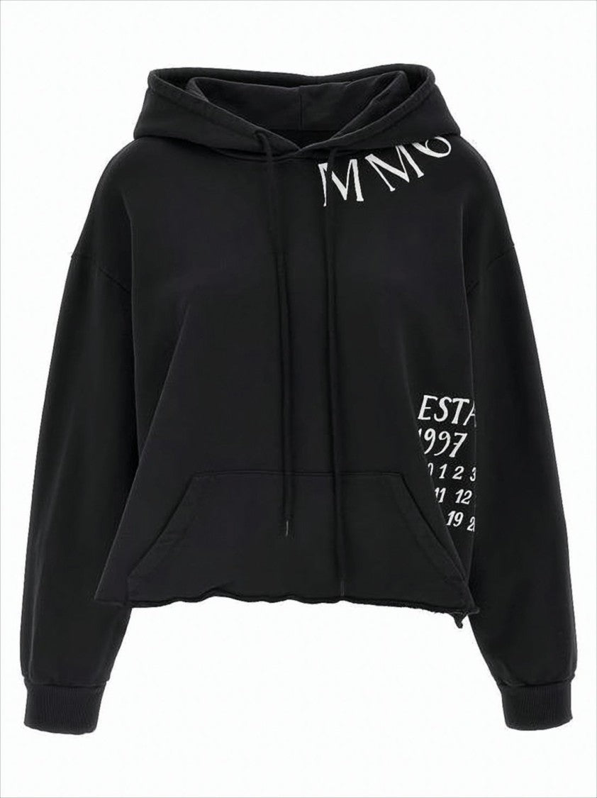 Mm6 By Maison Margiela Cropped Black Hoodie With Printed Details