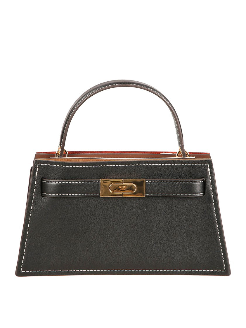 Tory Burch Structured Black Leather And Suede Handbag With T-Buckle Closure