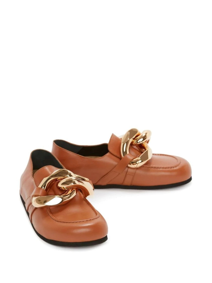 J. W. Anderson Orange Leather Loafers With Oversized Gold Chain Detail