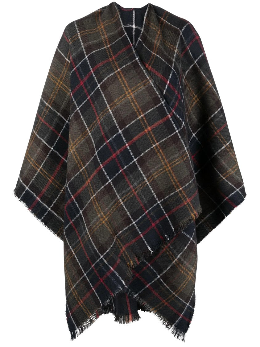 Barbour Plaid Tartan Poncho With Fringed Edges And Draped Silhouette