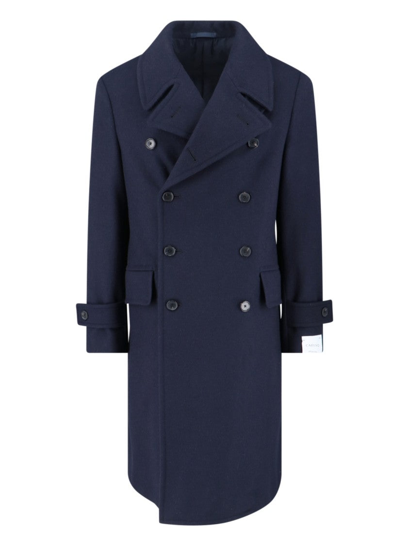 Caruso Navy Blue Double-Breasted Wool Coat With Classic Lapel