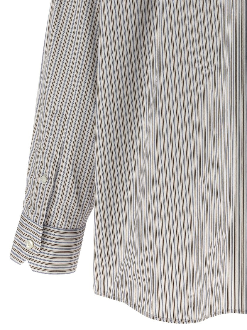 Prada Neutral Striped Cotton Poplin Shirt With Logo Embroidery