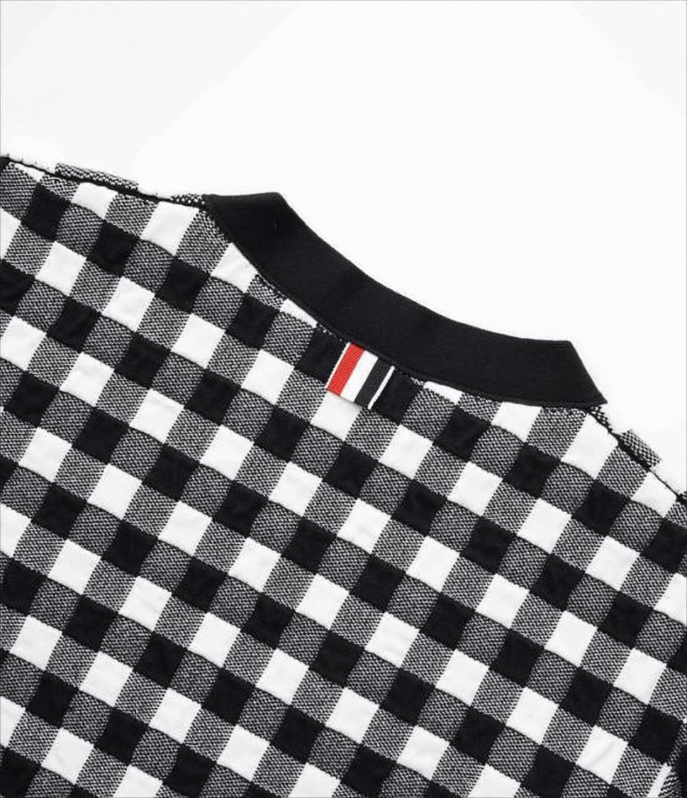 Thom Browne Checkered Knit Cardigan With V-Neckline And Patch Pockets