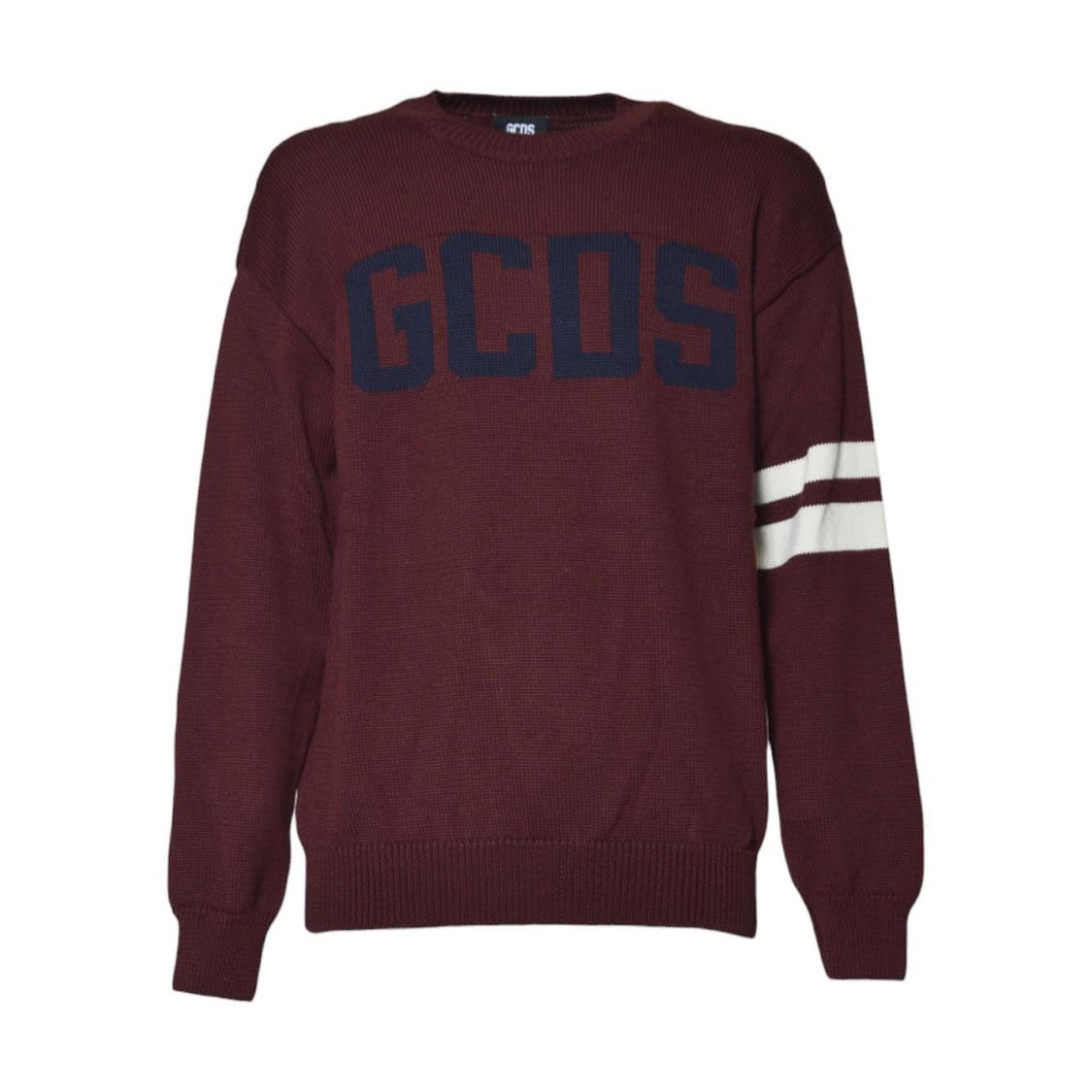 Gcds Bordeaux Knit Sweater With Navy Logo And Striped Sleeves