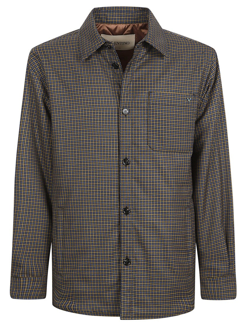Valentino Garavani Checkered Brown Wool Coat With Long Sleeves And Chest Pocket