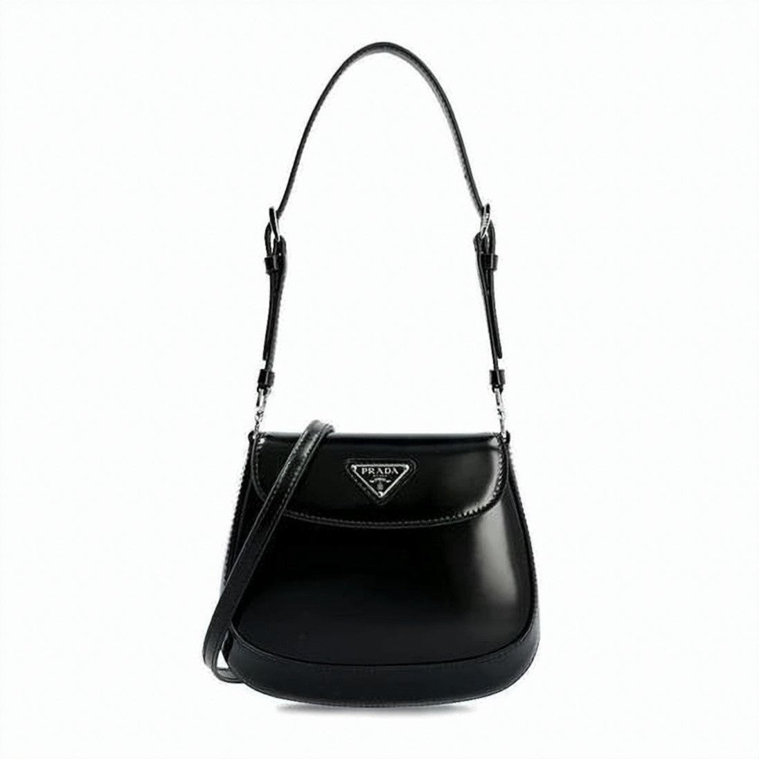 Prada Rounded Black Shoulder Bag With Prominent Logo Plaque