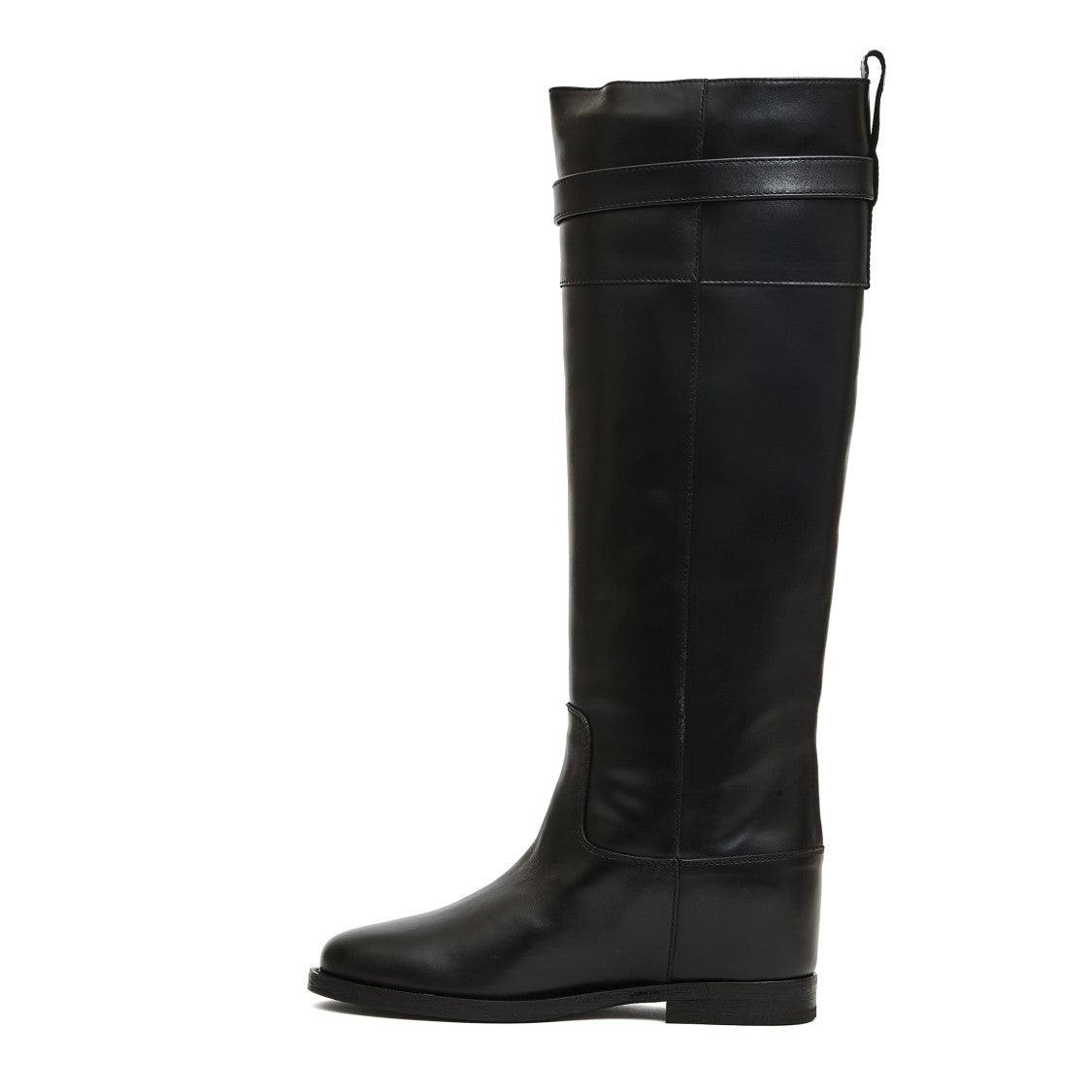 Via Roma 15 Tall Black Leather Boots With Silver Clasp Detail