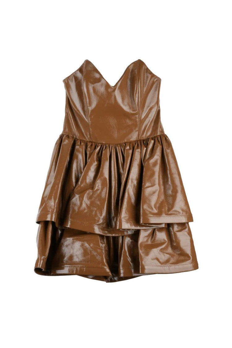 Elisabetta Franchi Short Faux Leather Dress Heart Neckline - Caramel