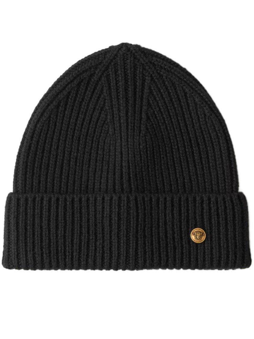 Versace Ribbed Knit Metallic Emblem Beanie