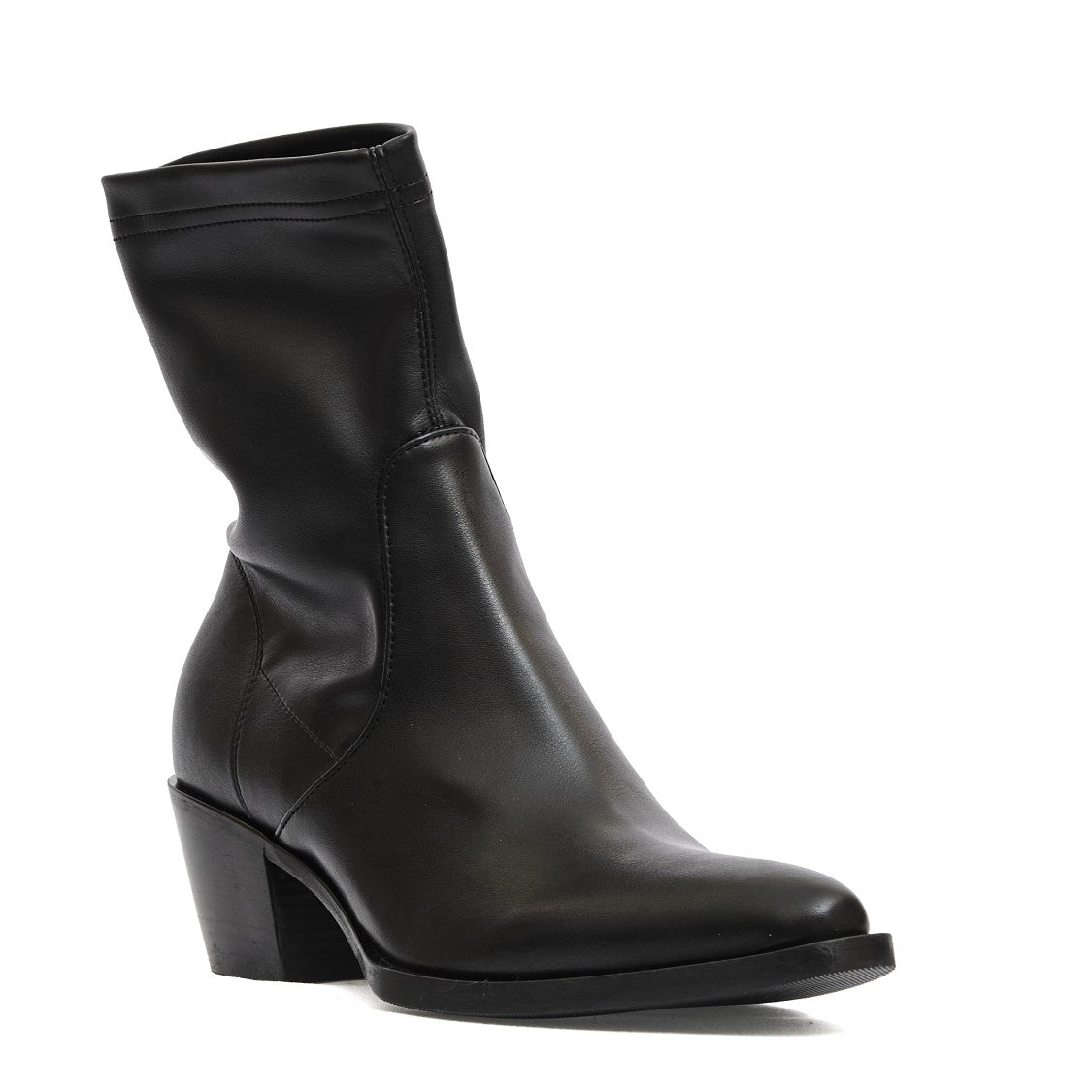 Strategia Stretch Black Leather Ankle Boots With Pointed Toe And Block Heel