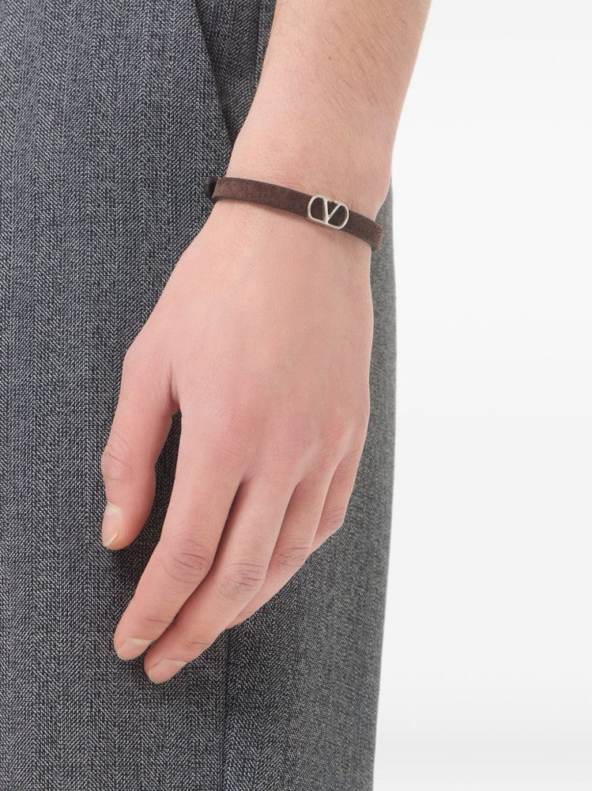 Valentino Garavani Brown Textured Suede Silver Emblem Bracelet