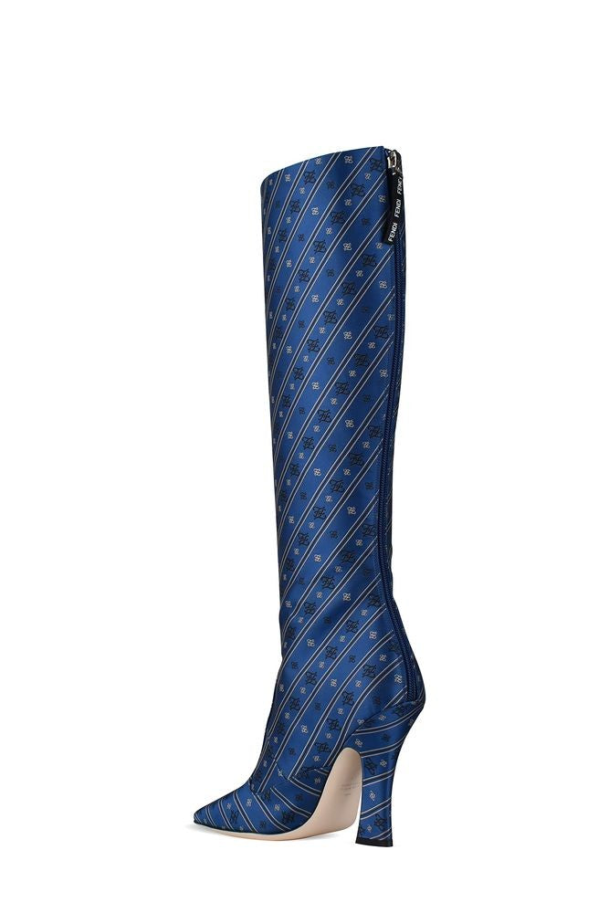 Fendi Royal Blue Knee-High Boots With Calligraphic Embroidery