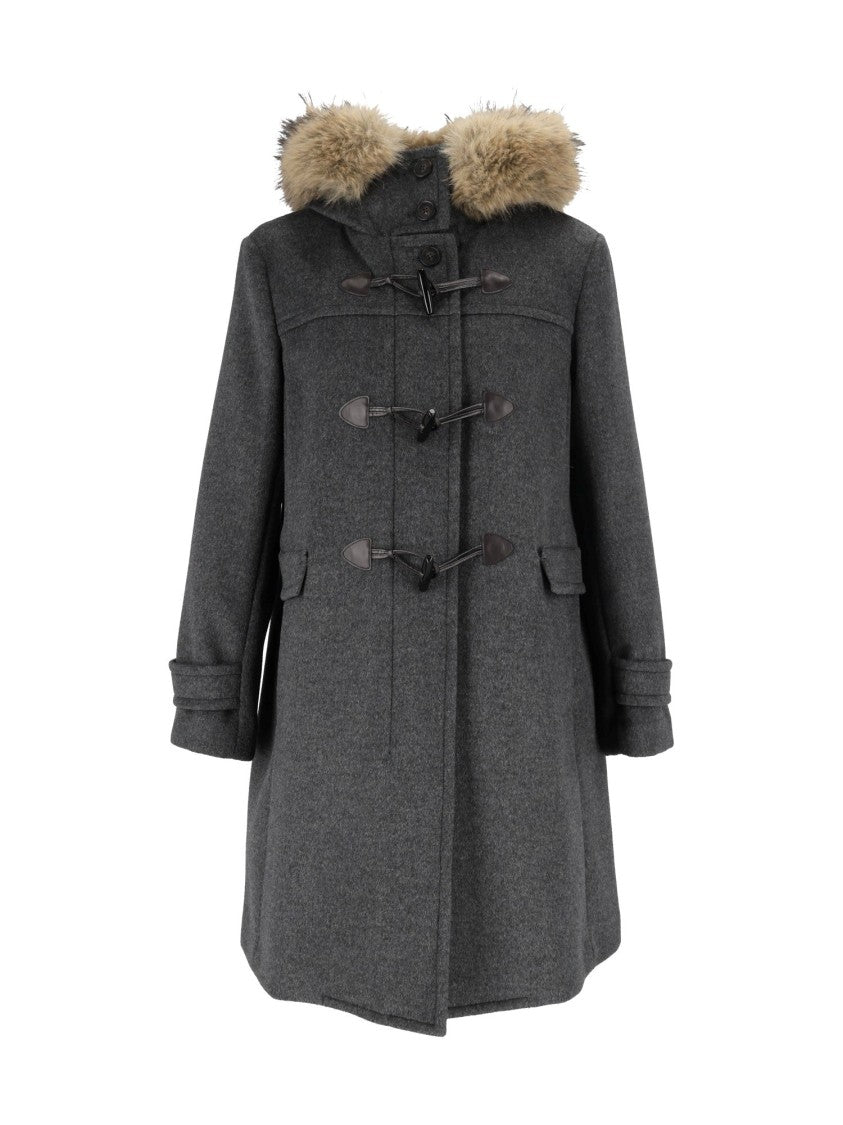 Max Mara Grey Epica Toggle Fur Trim Coat