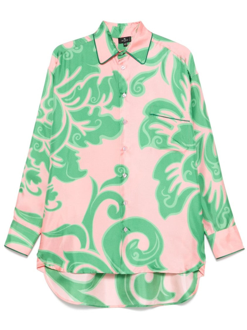 Etro Floral Pattern Pink Shirt With Classic Collar And