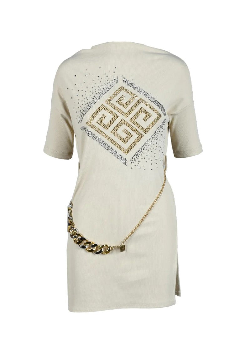 Gil Santucci Beige Geometric Viscose-Blend Day Dress