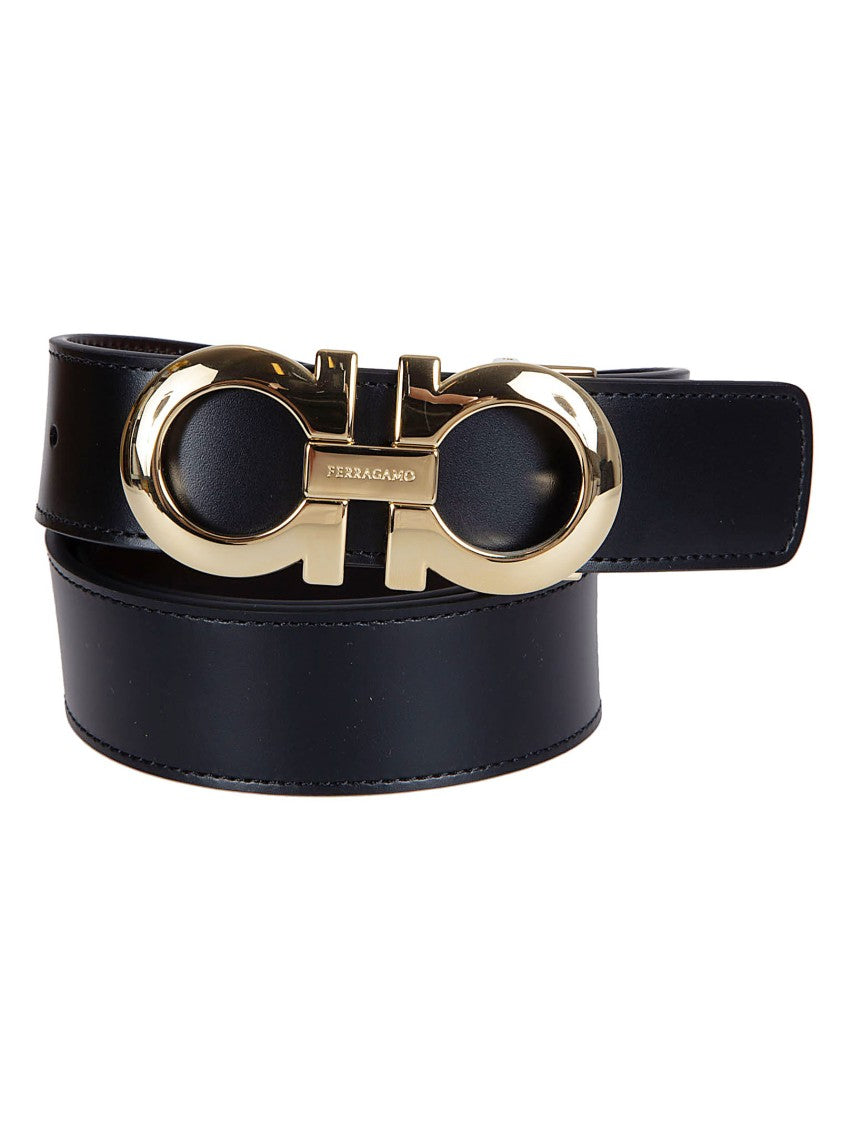 Ferragamo Black Leather Belt With Sculpted Gold-Tone Buckle