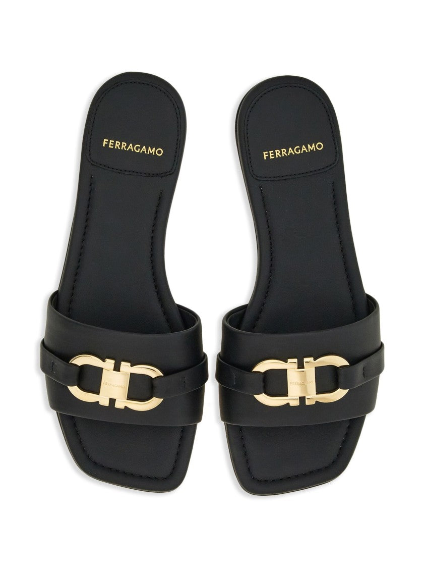 Salvatore Ferragamo Black Leah Gancini Ornament Leather Sandals