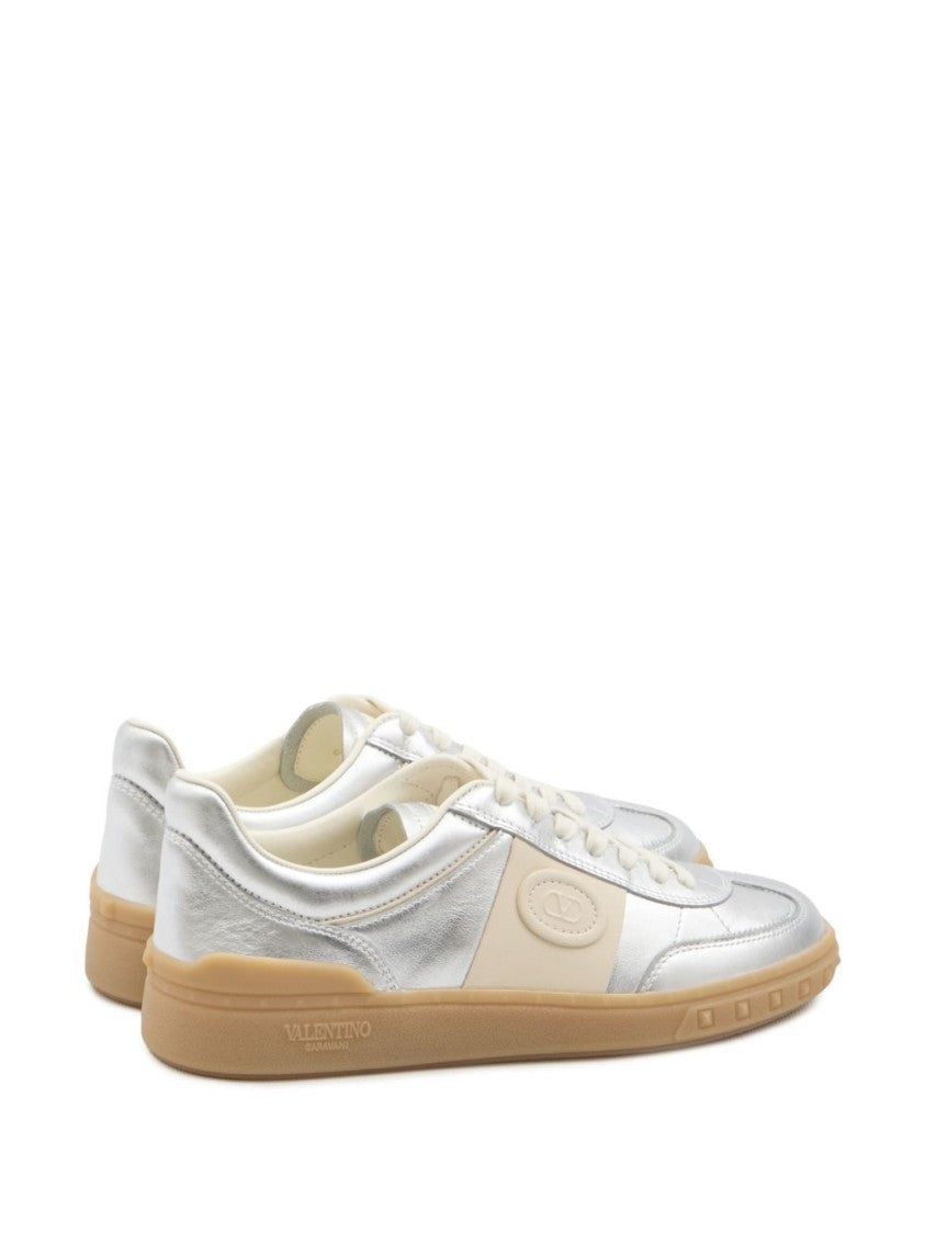 Valentino Garavani Metallic Silver Flats With Beige Accents