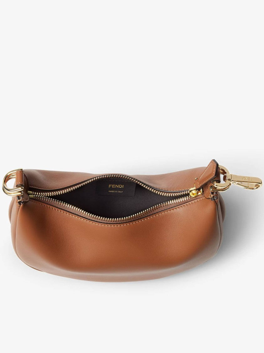 Fendi Crescent-Shaped Leather Handbag With Polished Finish And Bold Letter Embellishments