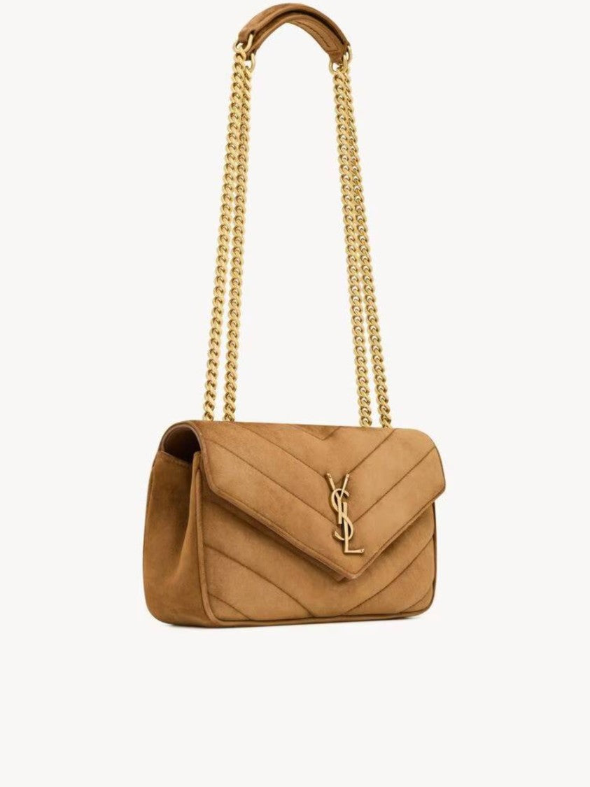 Saint Laurent Chevron Quilted Suede Shoulder Bag With Gold-Tone Chain Strap