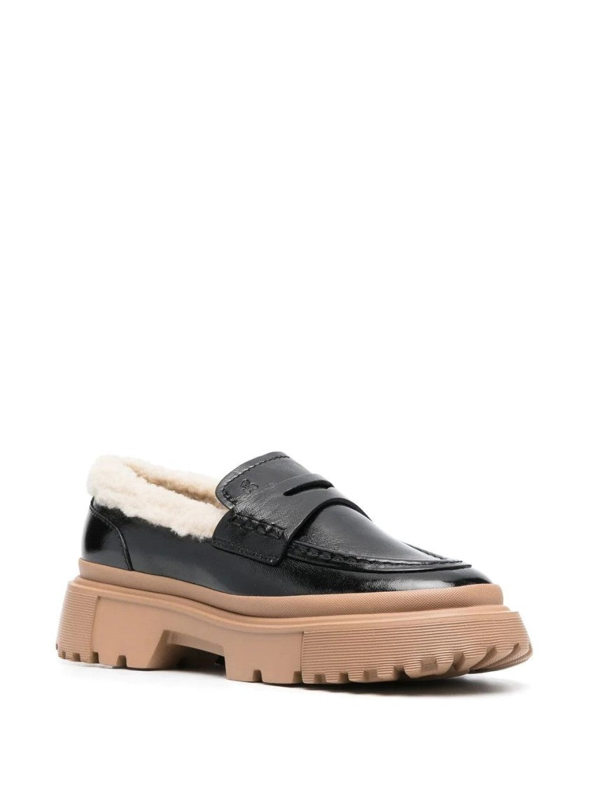 Hogan Classic Black Leather Loafers With Shearling Lining