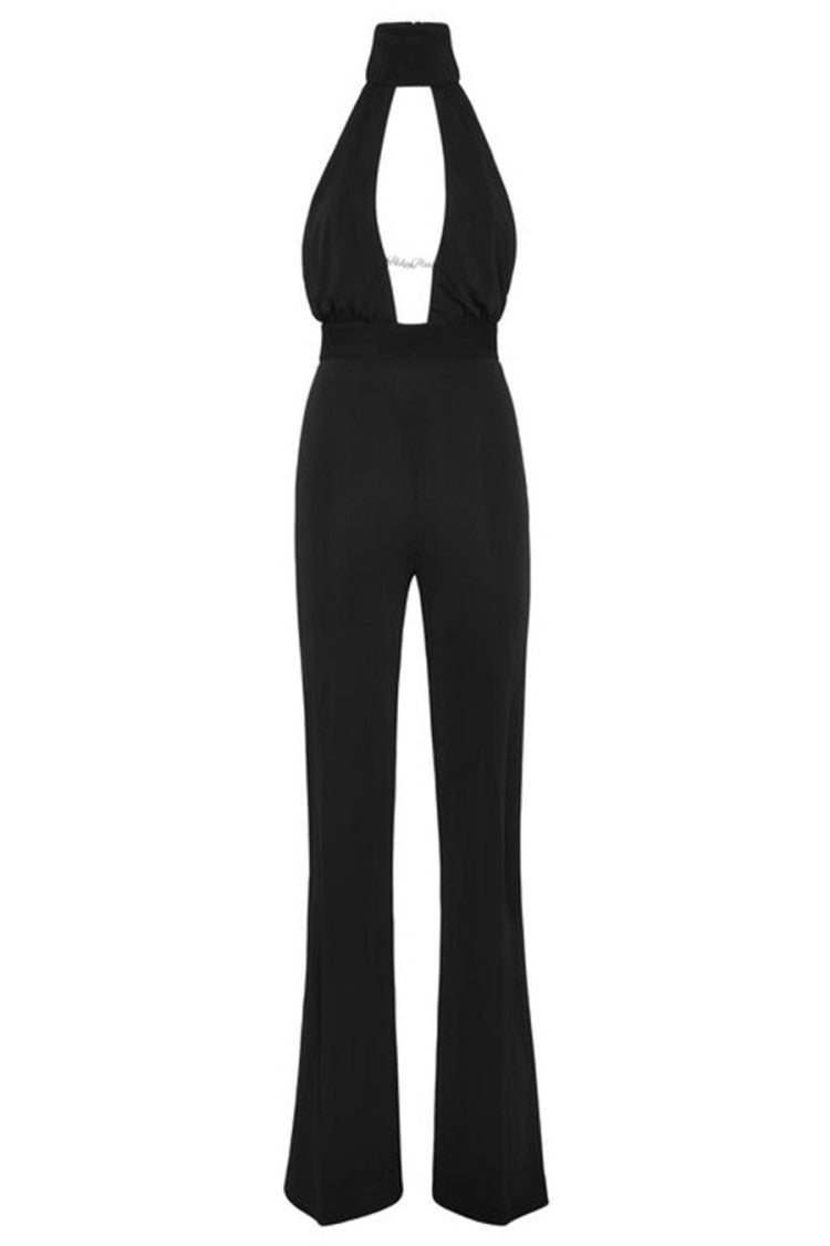 Philipp Plein Black Viscose Halter Neck Cutout Jumpsuit