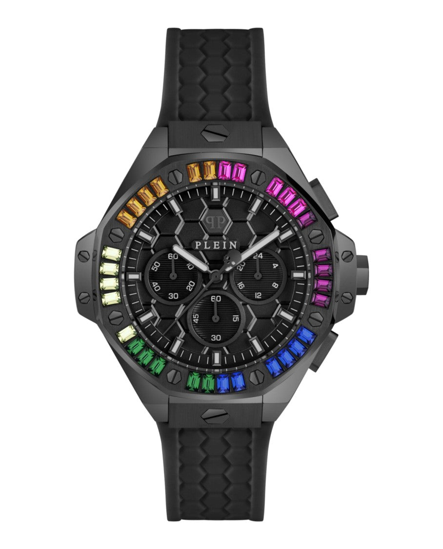 Philipp Plein Chronograph Quartz Silicone Watch With Black Guilloche Dial