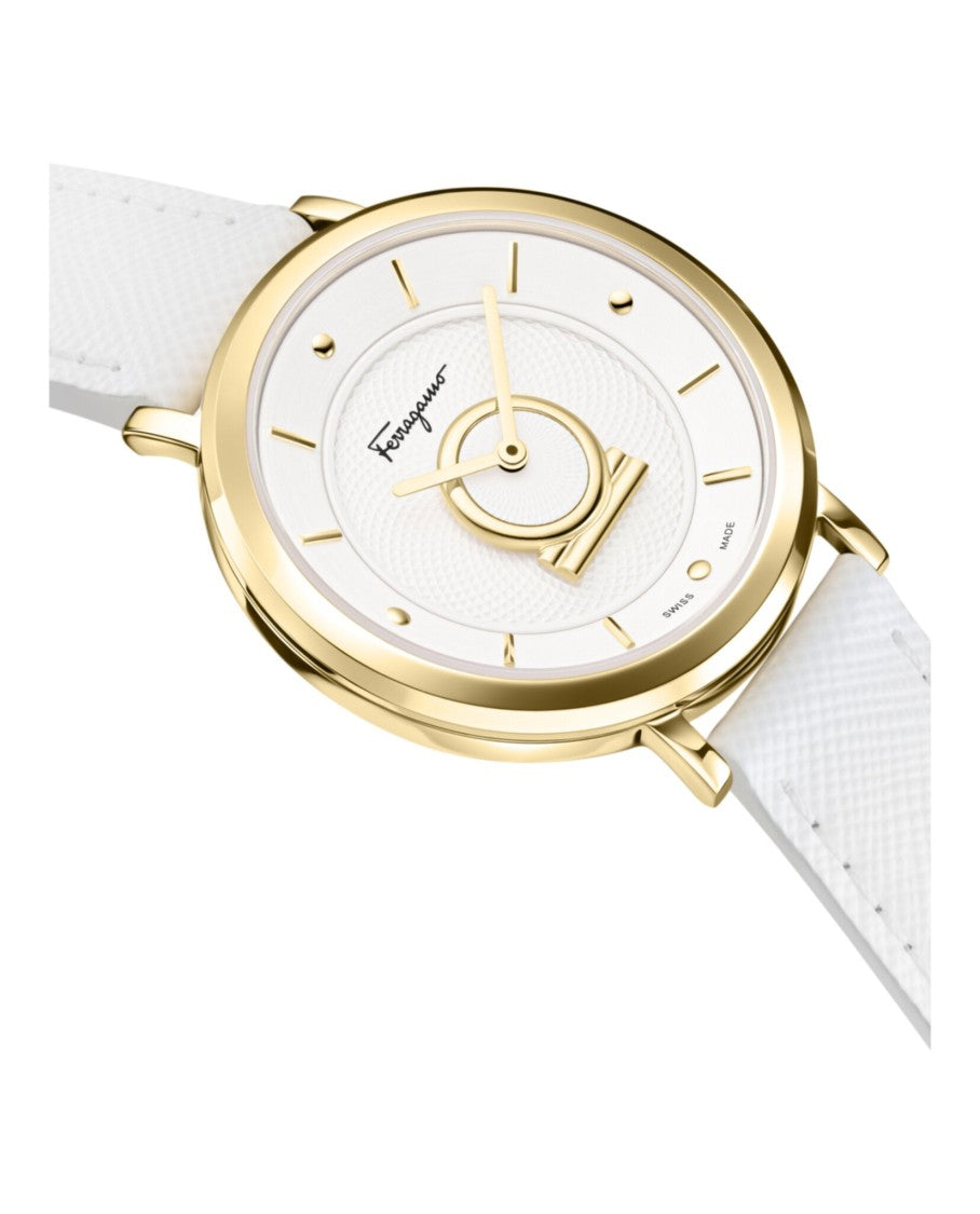 Ferragamo Impeccable Yellow Gold Timepiece With White Calf Leather Strap