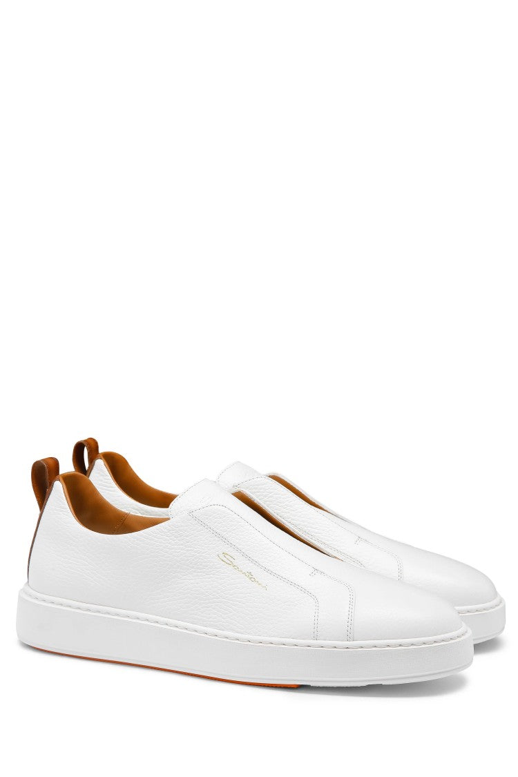Santoni White Pebbled Leather Slip-On Sneakers