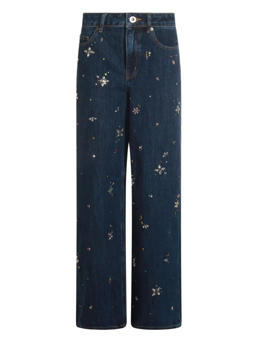 Self-Portrait Wide-Leg Denim Jeans With Floral Embellishments