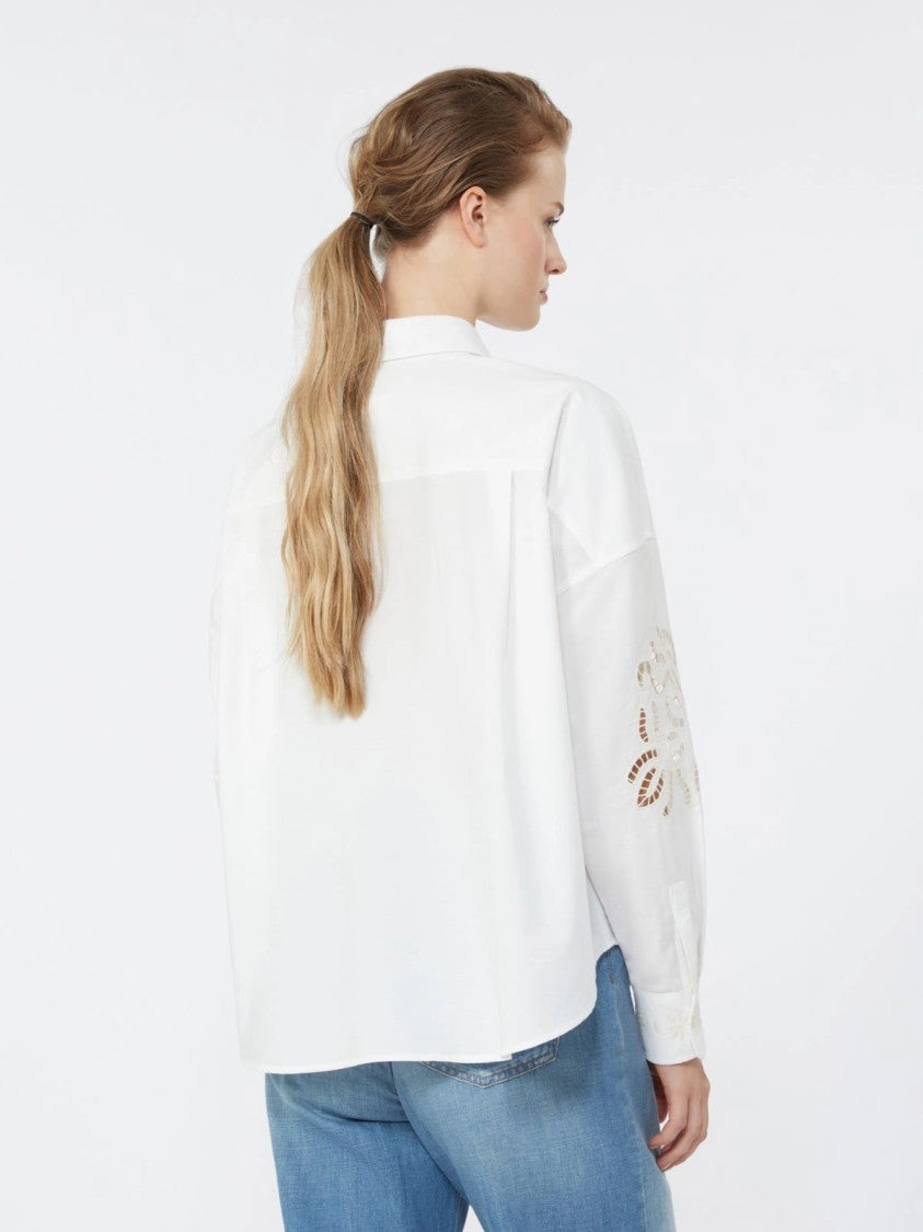 Max Mara Intricately Embroidered White Button-Up Shirt With Cropped Fit