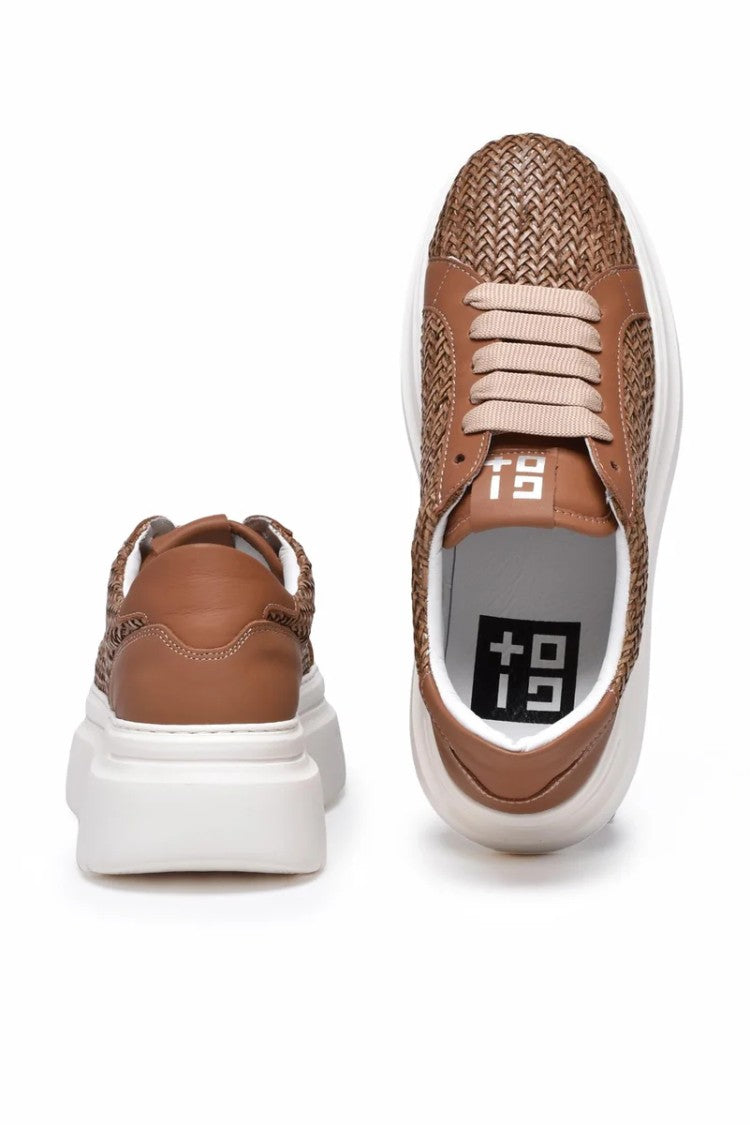 Gio + Leather Wedge Sneakers - Brown