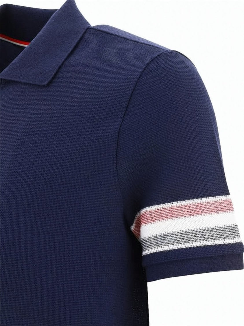 Thom Browne Textured Blue Knit Polo Shirt With Contrast Stripes
