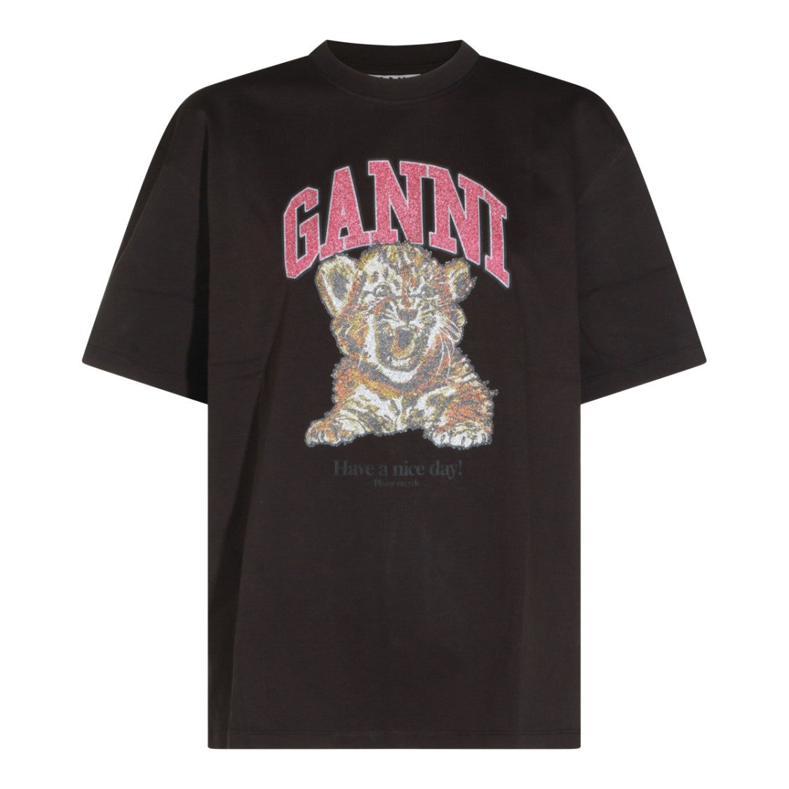 Ganni Graphic Print Dark Grey Cotton T-Shirt With Crew Neckline
