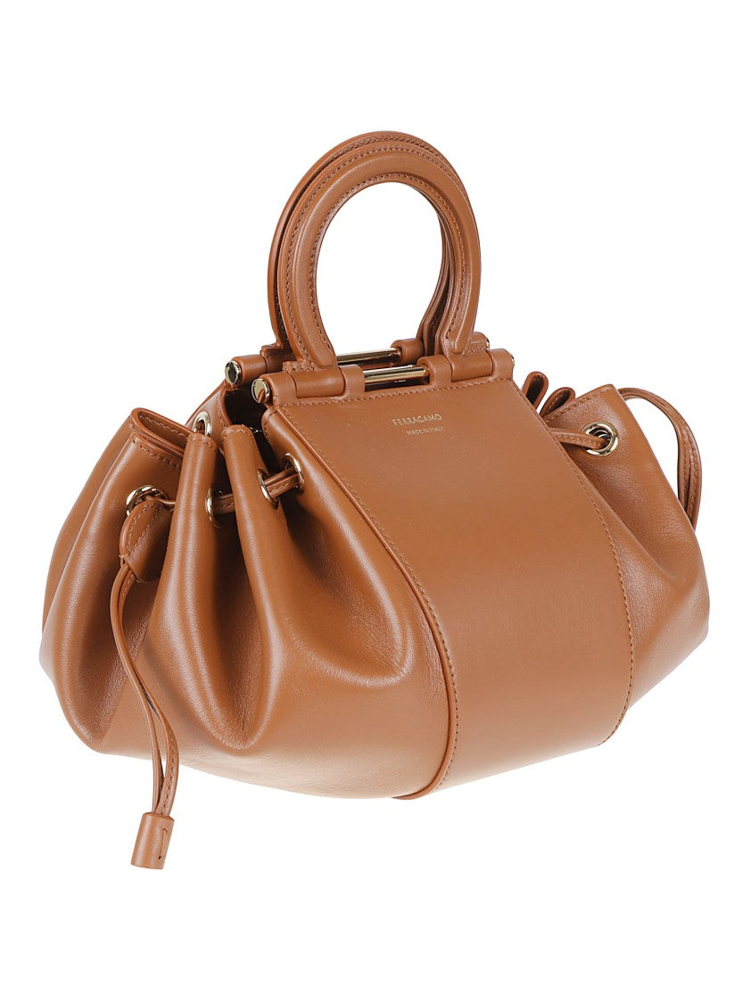 Ferragamo Structured Calf Leather Bag With Ruched Sides
