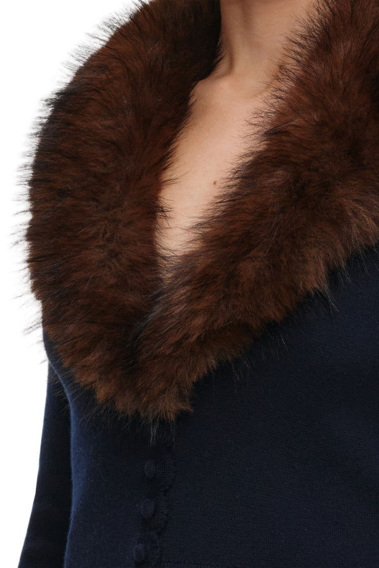 Self-Portrait Fitted Navy Blue Sweater With Brown Fur Collar