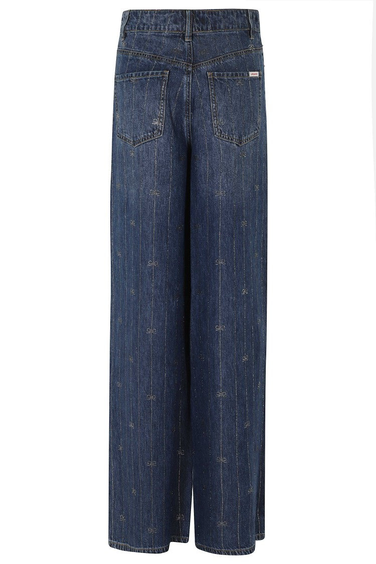 Self-Portrait Rhinestone Denim Lyocell Wide-Leg Jeans