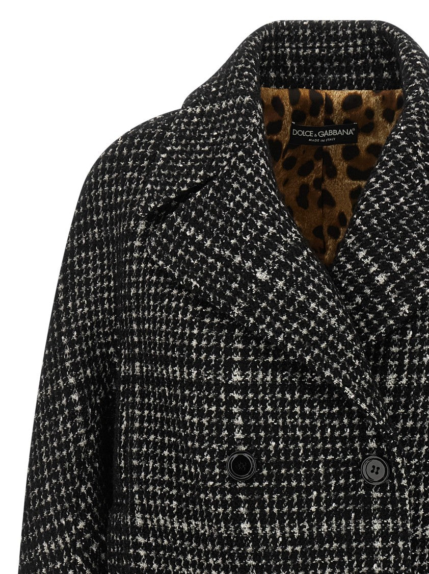 Dolce & Gabbana Textured Houndstooth Short Coat With Animal Print Lining