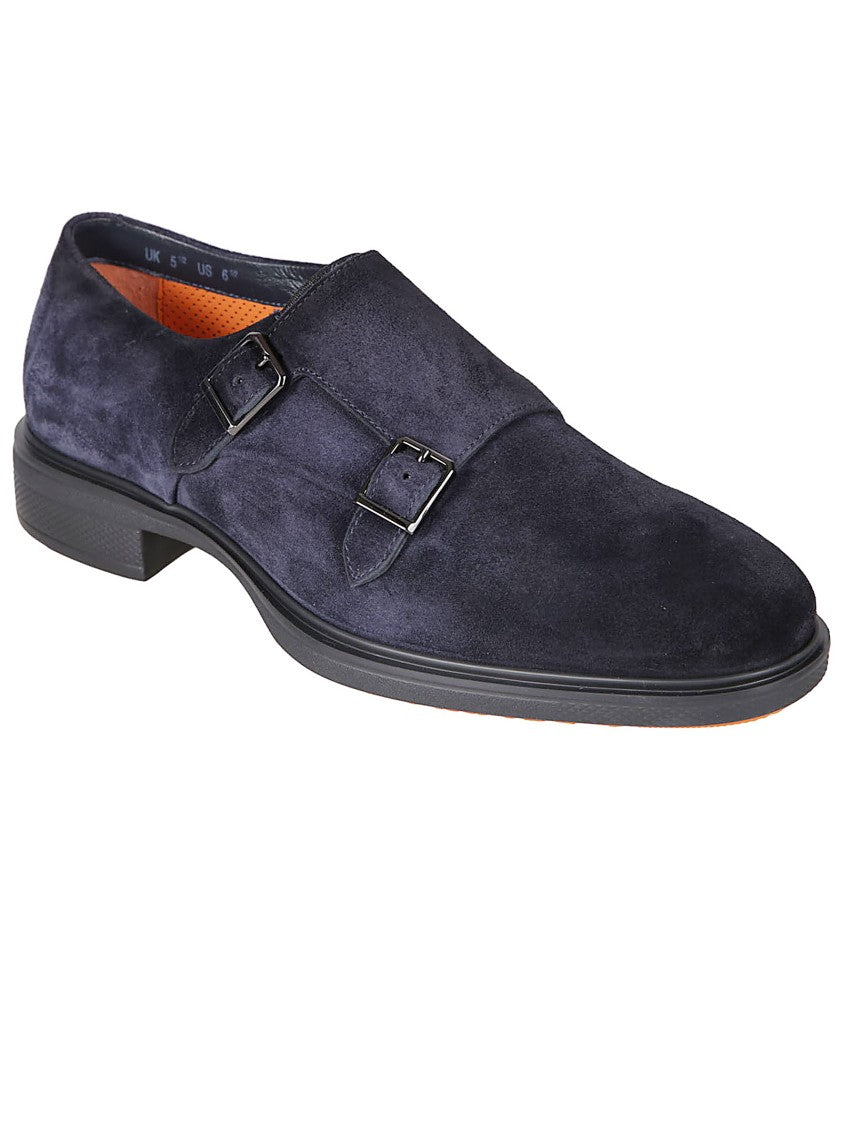 Santoni Double Monk Strap Dark Blue Suede Shoes
