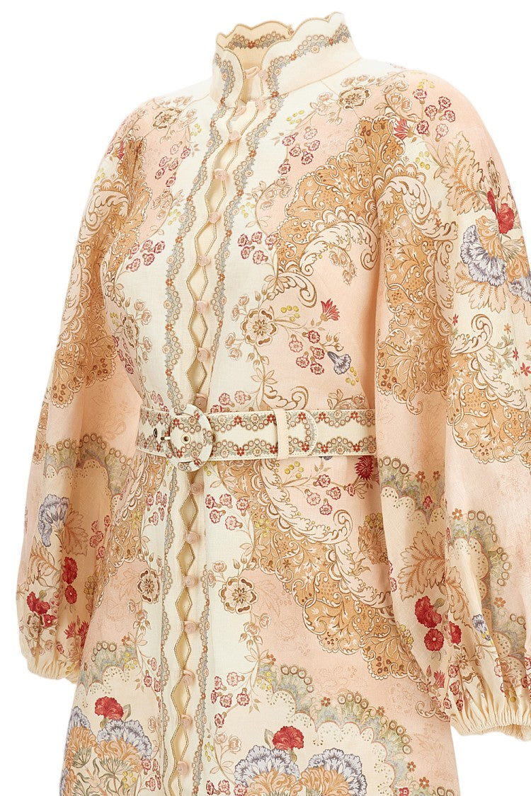 Zimmermann Linen Mini Dress With Floral Print And Scalloped Edges
