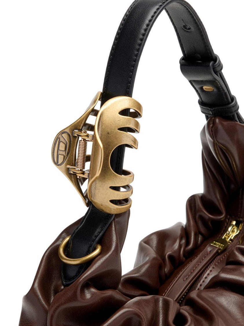 Diesel Ruched Brown Silk And Nylon Bag With Gold Hardware Accents