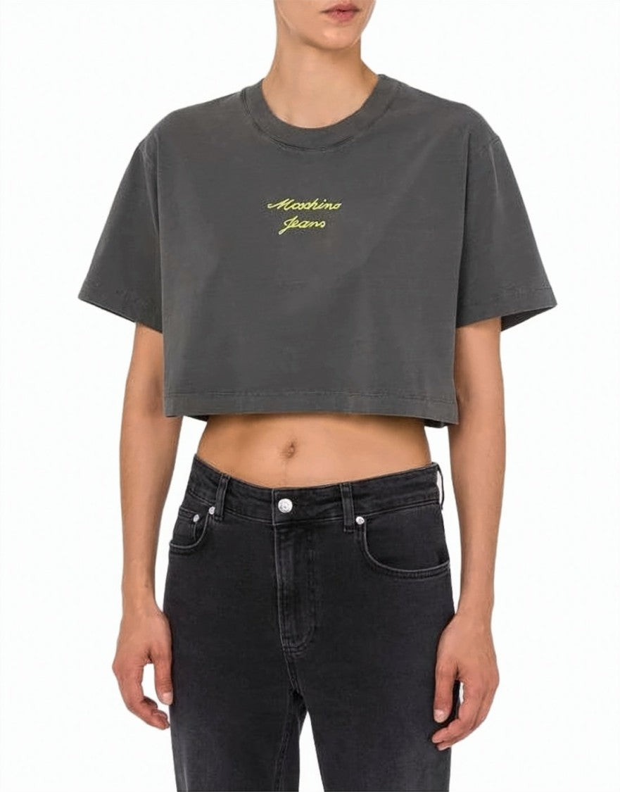 Moschino Cropped Boxy Short-Sleeve T-Shirt With Neon Logo