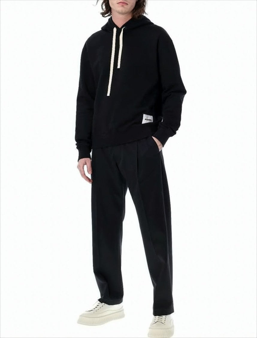 Jil Sander Minimalist Black Hoodie With Off-White Drawstrings