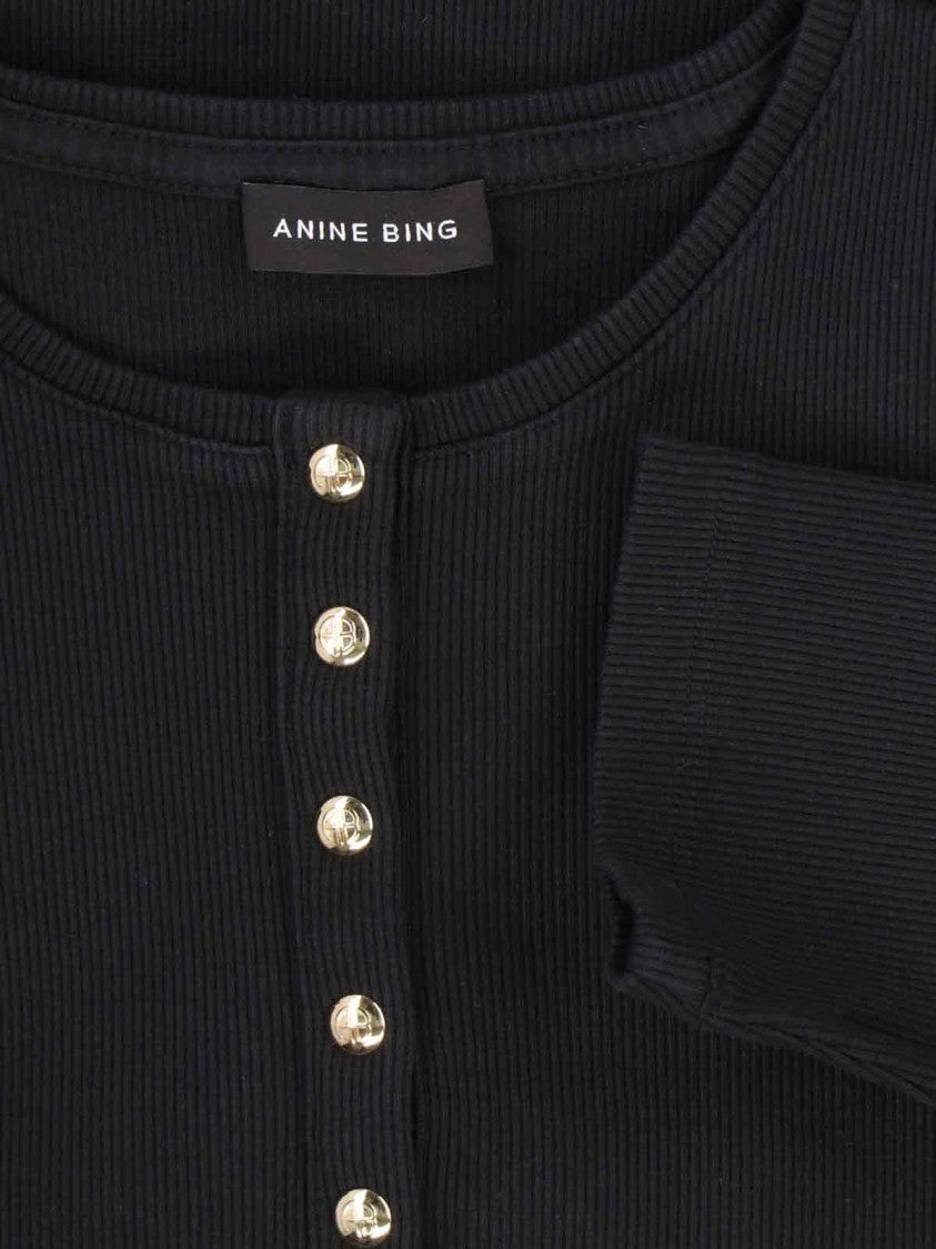 Anine Bing Ribbed Black Cotton Top With Button Placket